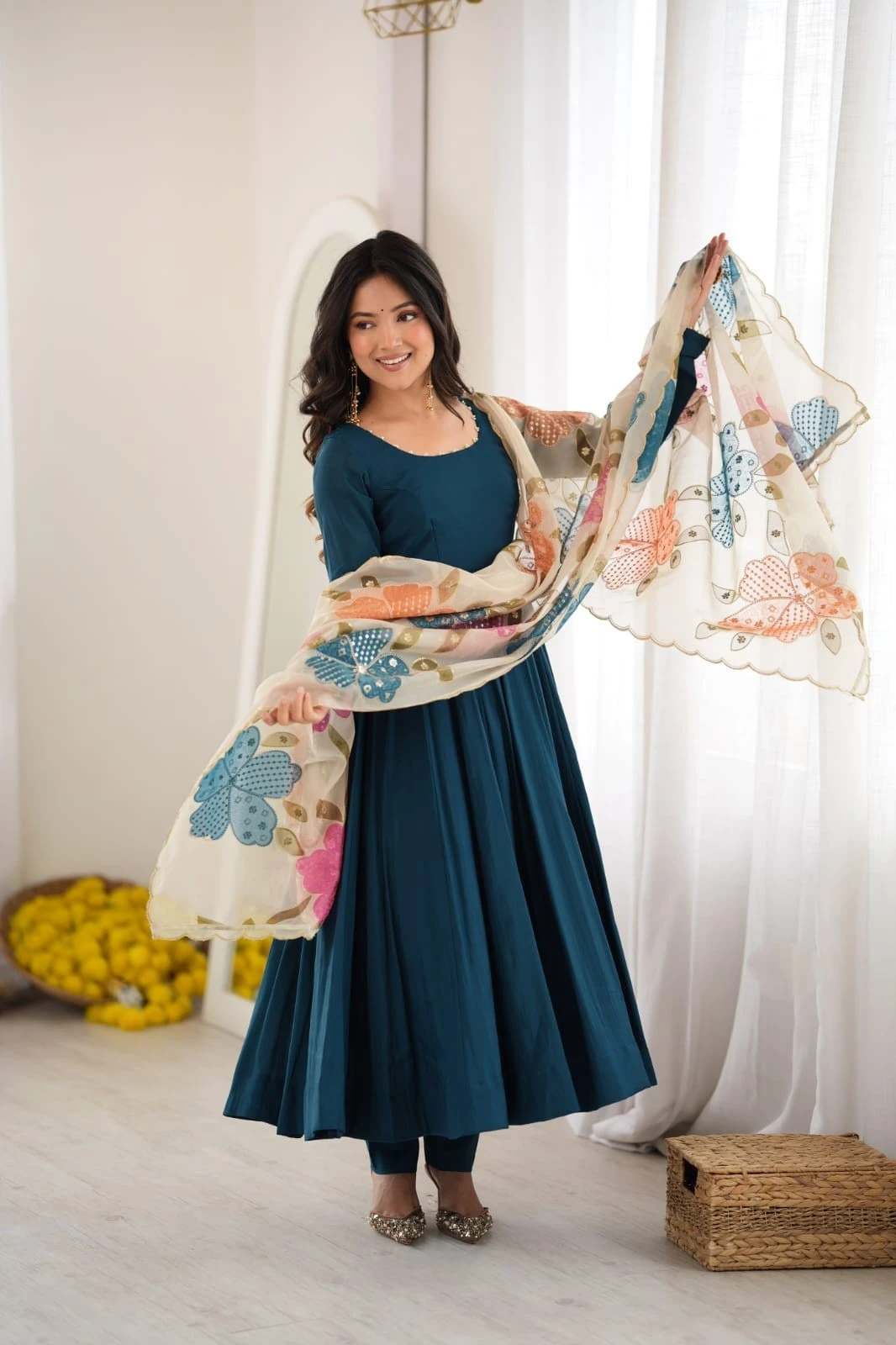 Premium Pure Romansilk 16 Kali Anarkali with Fancy Position Print Dupatta